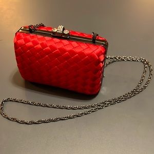 NWT Cute little mini Red quilted hard case evening bag with silver chain strap